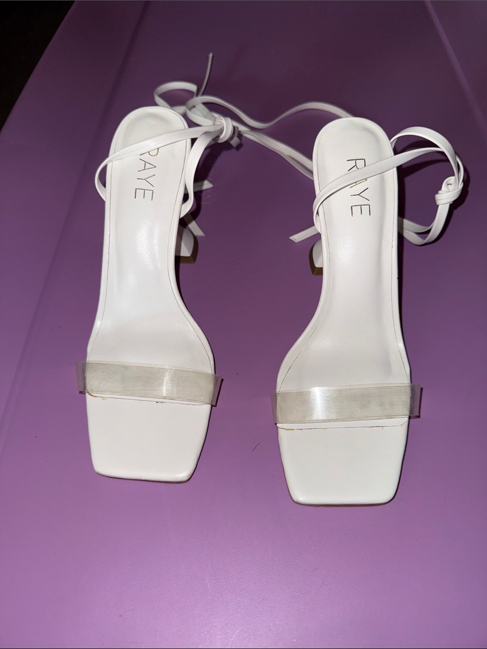 RAYE White Square-Toe Sandals with Clear Strap and Ankle Tie
